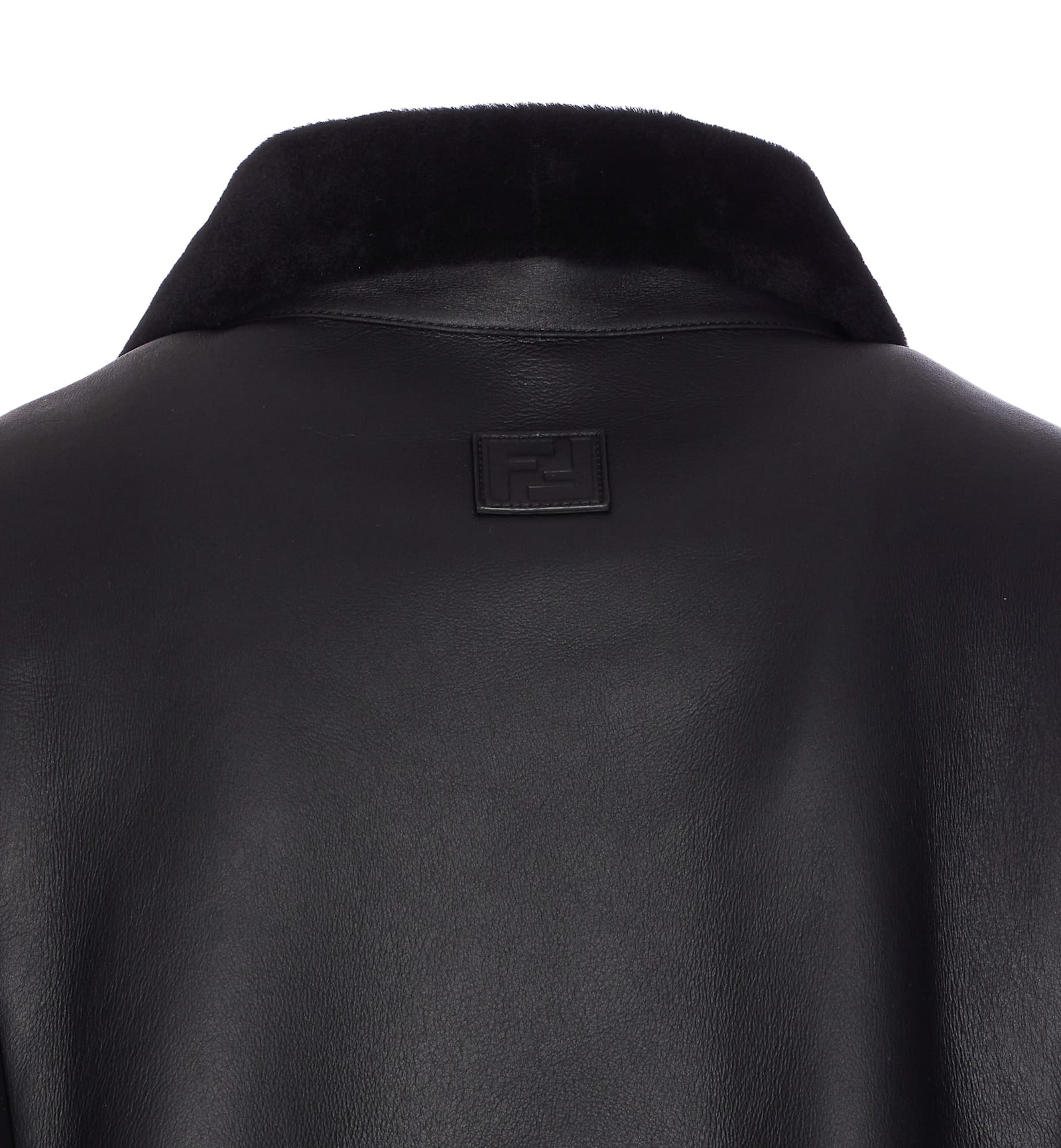 Fendi Men Black Shearling Jacket With Dropped Shoulders And Ff Patch On The Rear In Leather Man In Black