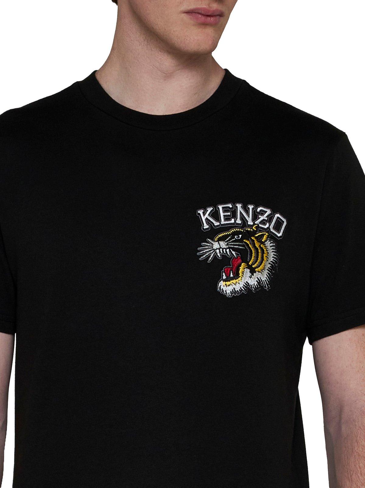 Shop Kenzo Tiger Embroidered Crewneck T-shirt  In Black