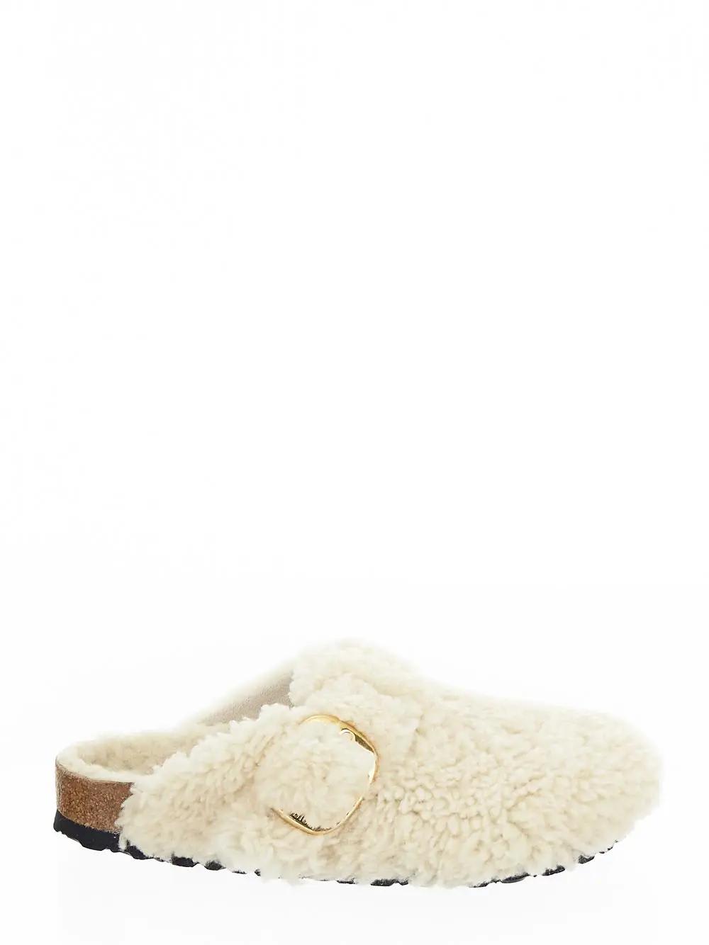 Shop Birkenstock Boston Big Buckle Teddy Shoes In Bianco