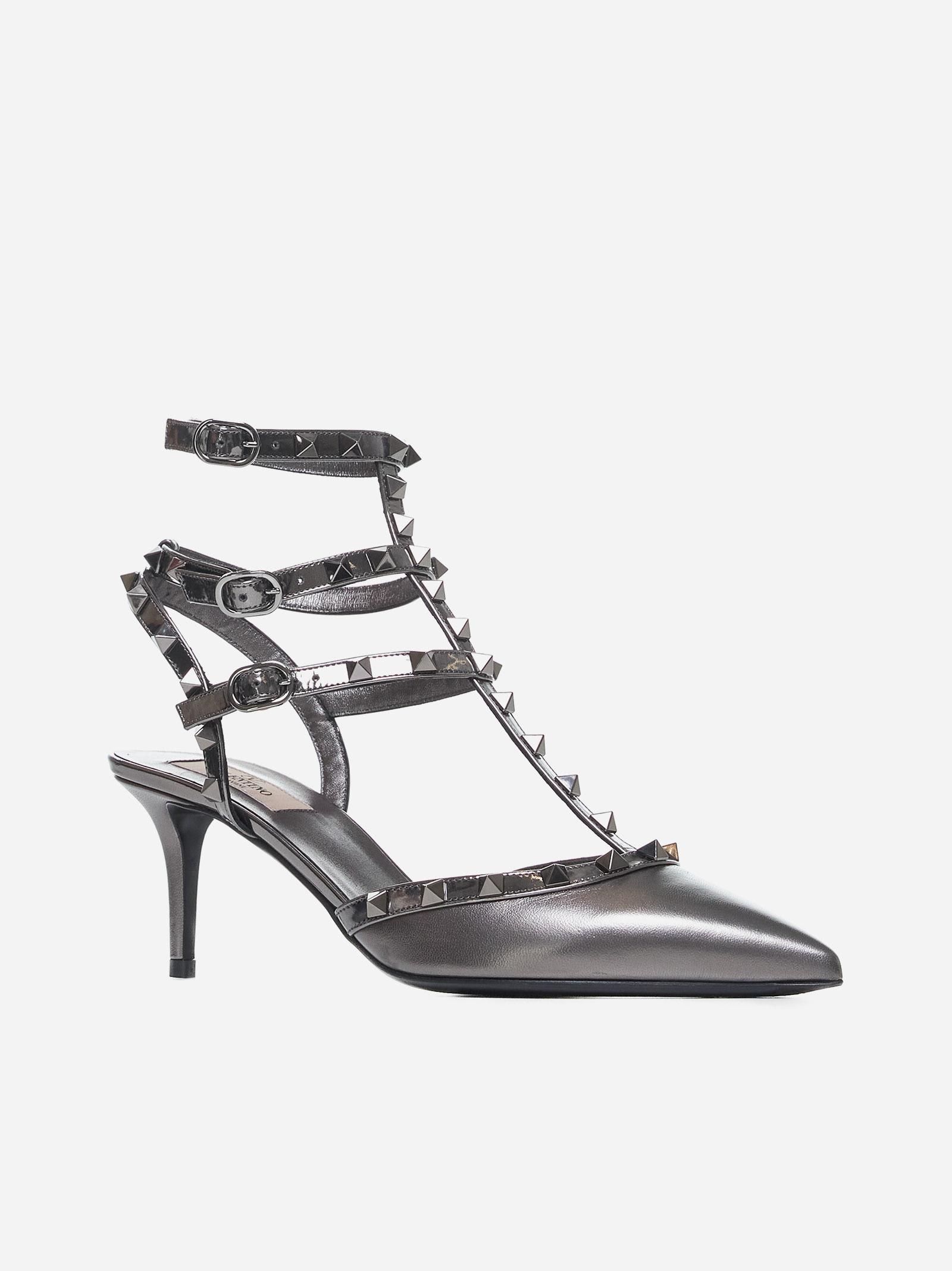 Valentino Rockstud Caged 65 Leather Ankle Strap Pump In Grey