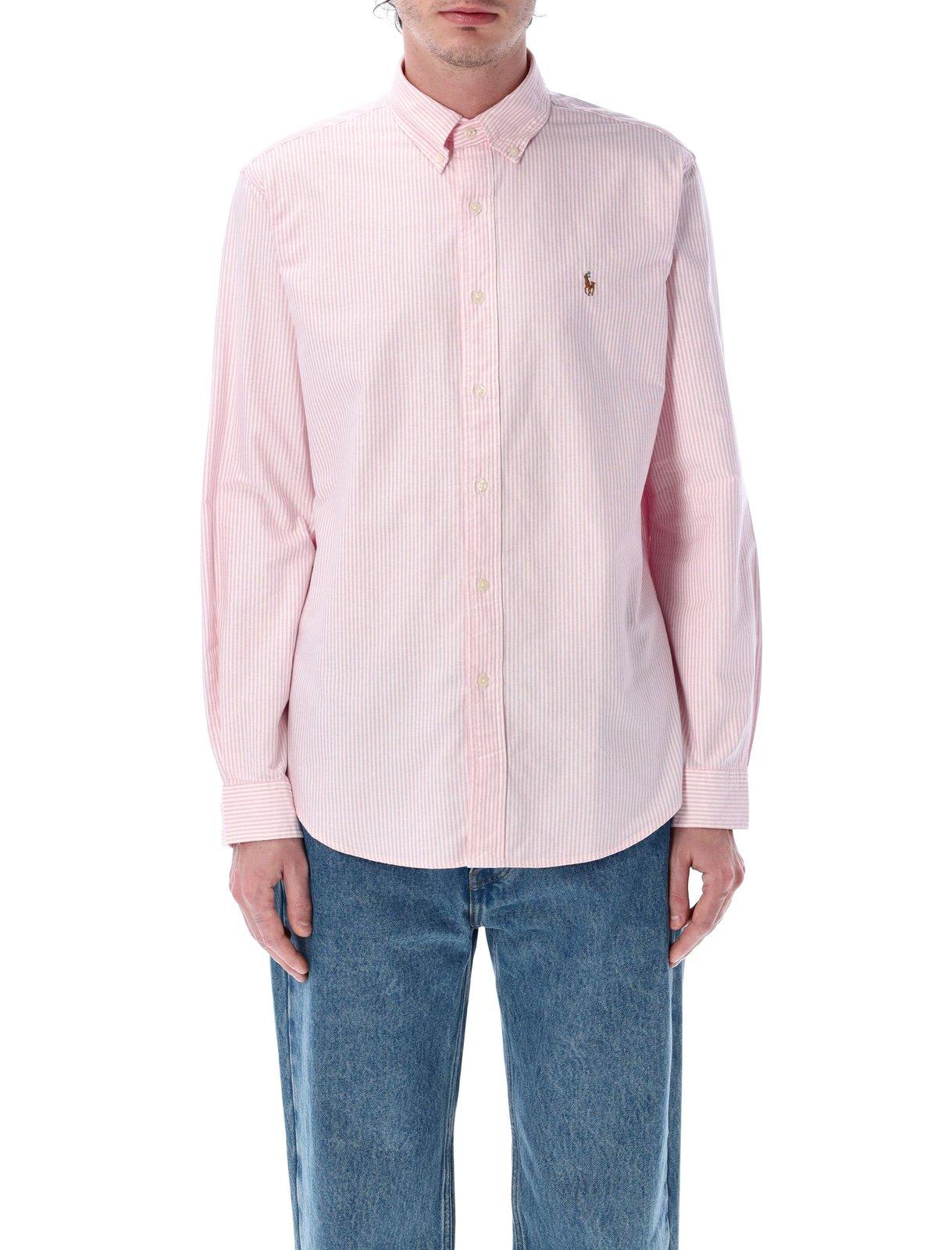 Polo Ralph Lauren Camicia In Lino A Righe Custom-fit In Pink