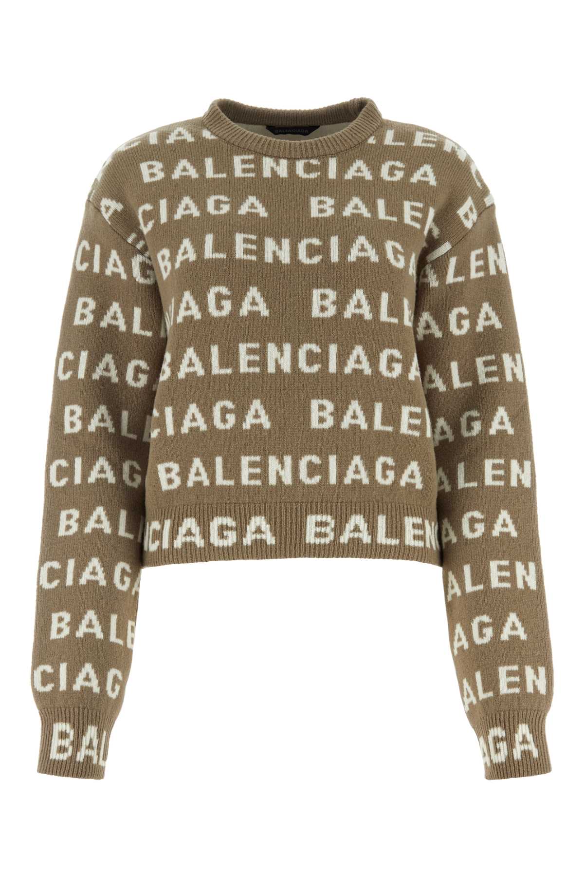 Shop Balenciaga Embroidered Wool Blend Sweater In Darkbeigewhite