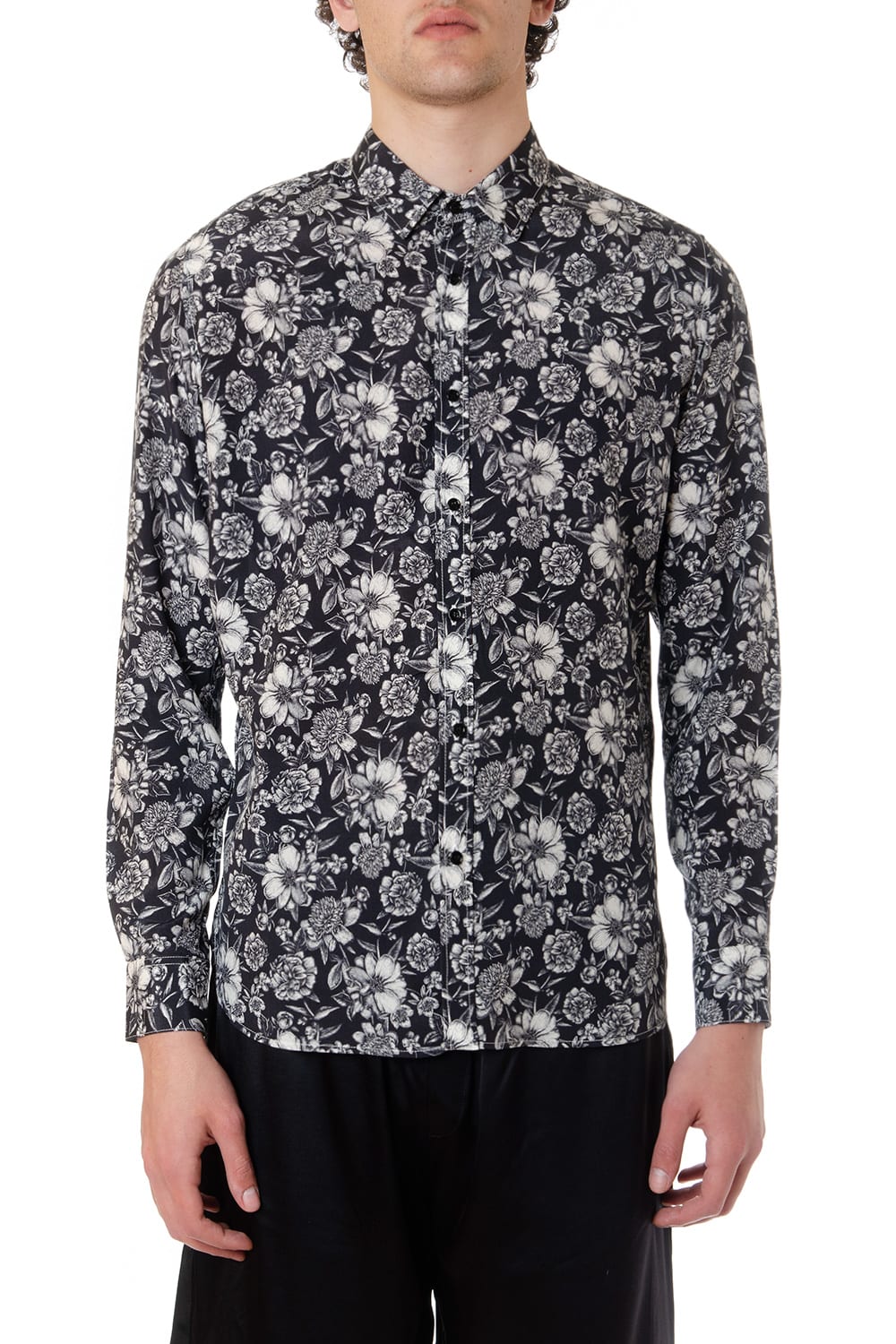 LANEUS BLACK AND WHITE SHIRT WITH FLORAL PRINT,11330839