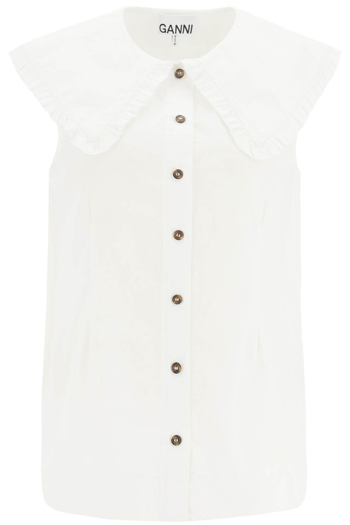 Shop Ganni Cotton Sleeveless Shirt With Oversized Collar In White