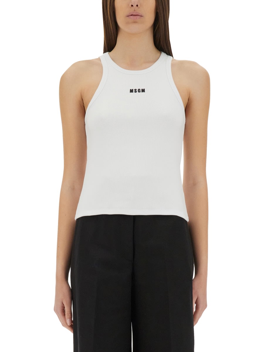 Msgm Logo Racerback Ribbed Slim Fit Tops In White