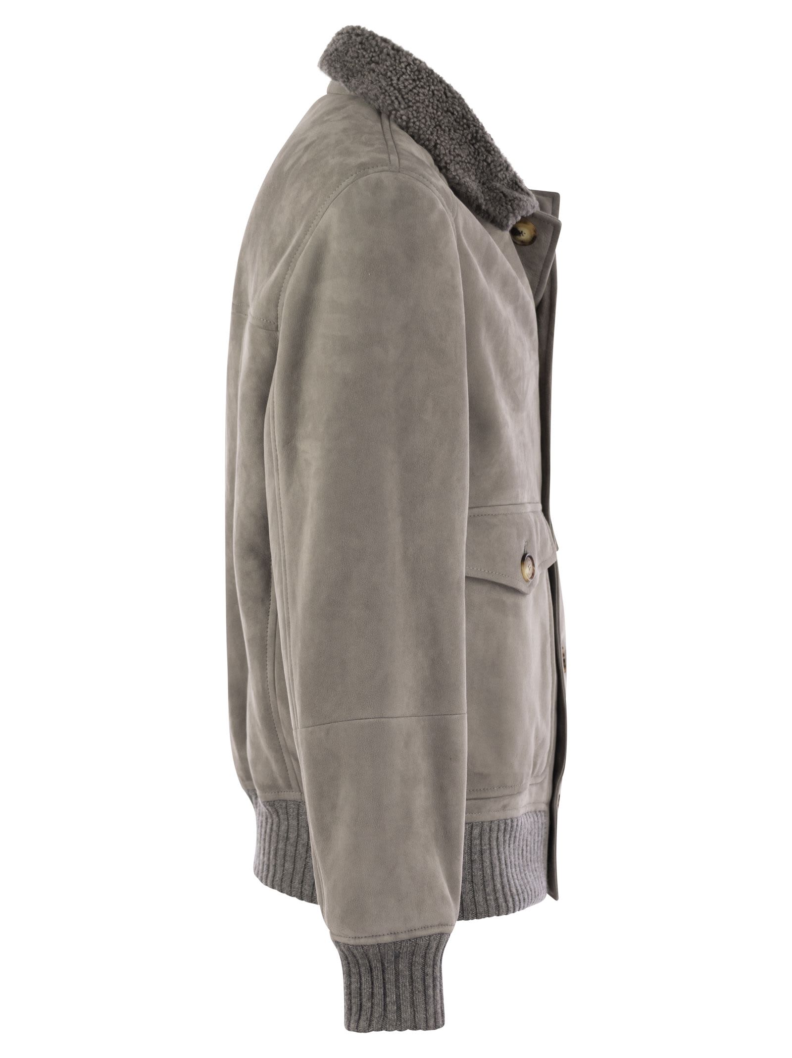 Brunello Cucinelli Sheepskin Bomber Jacket With Wool Details In Grey