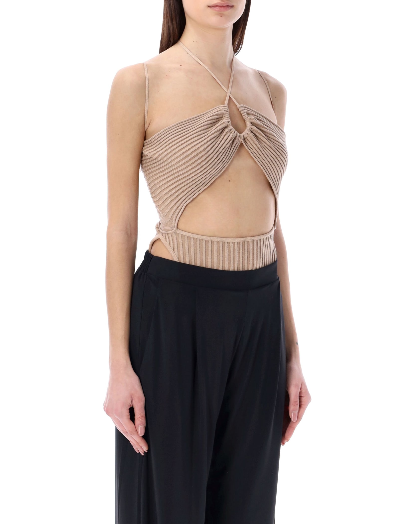 Shop Andreädamo Ribbed Knit Sleeveless Bodysuit With Cut In Nude