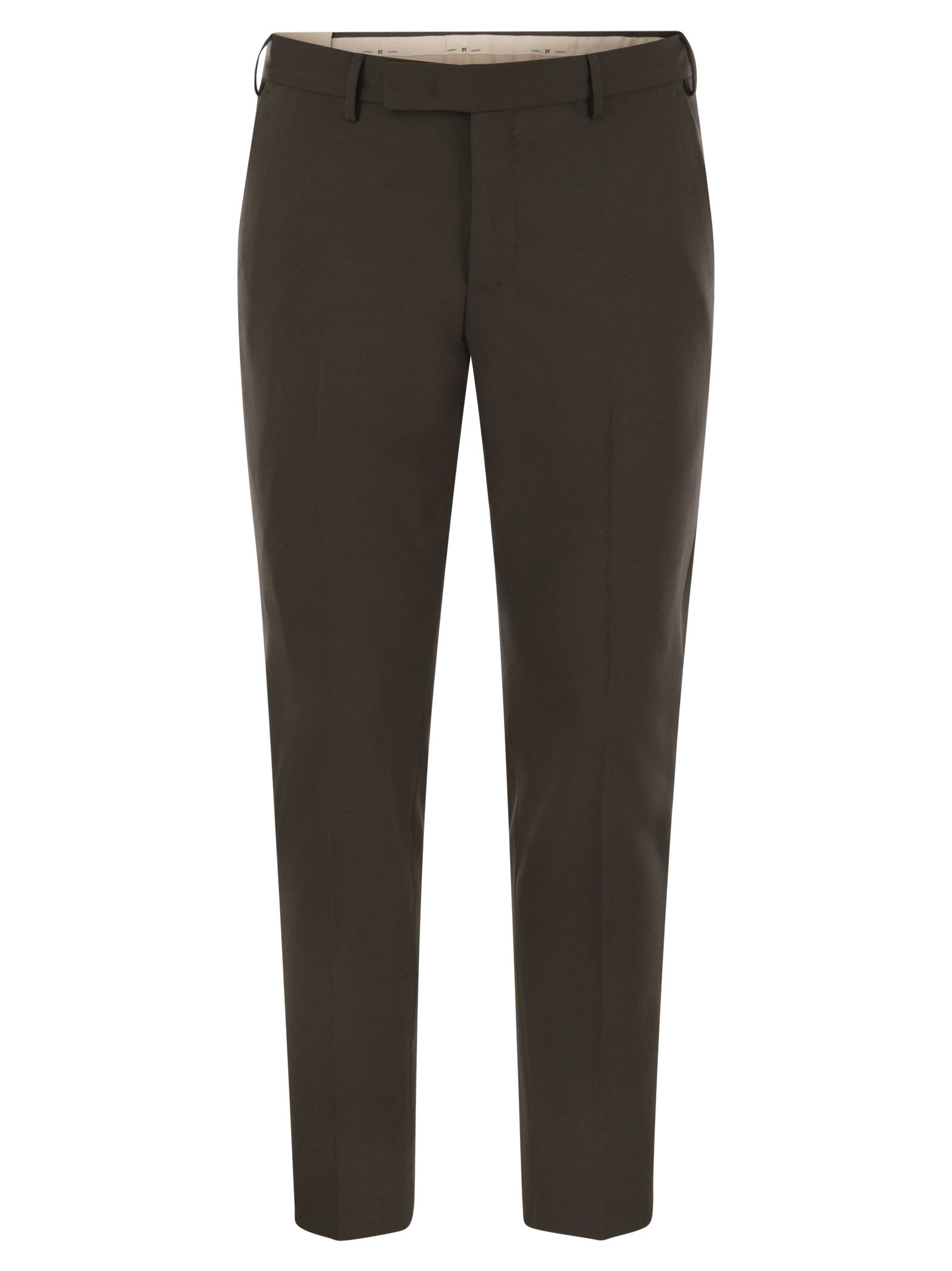 Pt Torino B-stretch Wool Pants With Front Button Closure In Brown