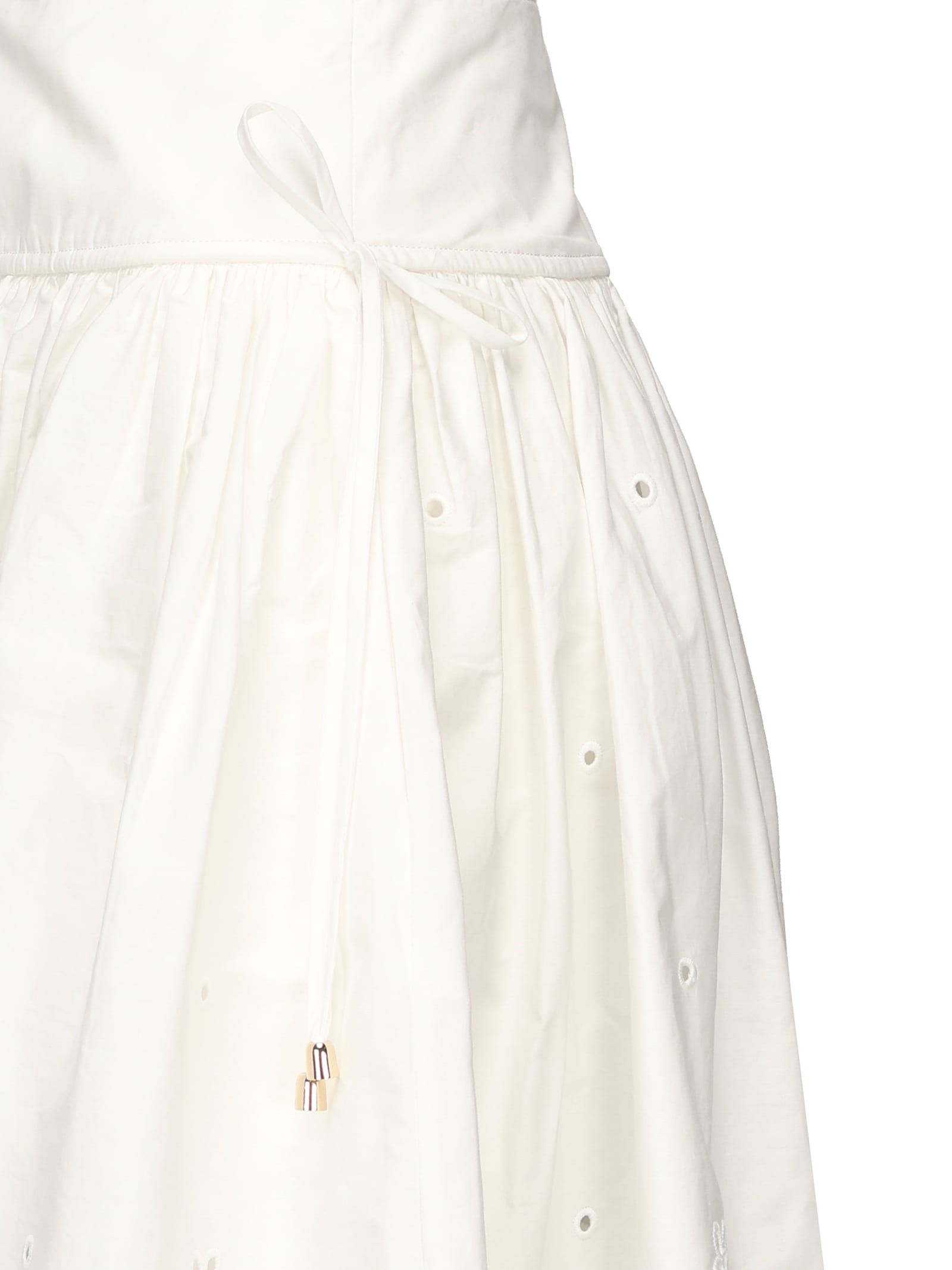 Self-portrait White Midi Skirt With Side Gathered Details And All-over Embroidery In Cotton Woman