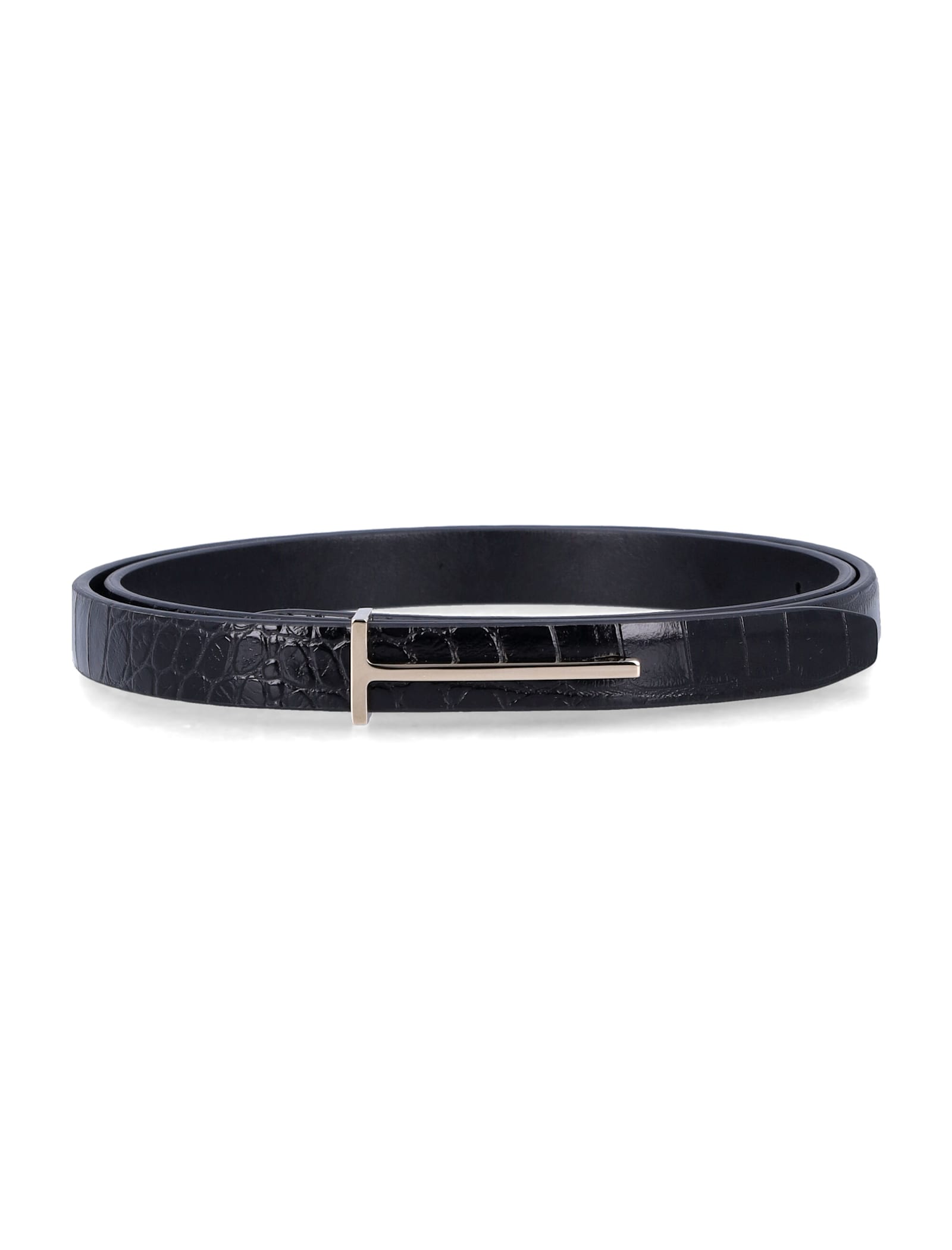 Tom Ford Black Crocodile Effect Leather Belt With T Buckle