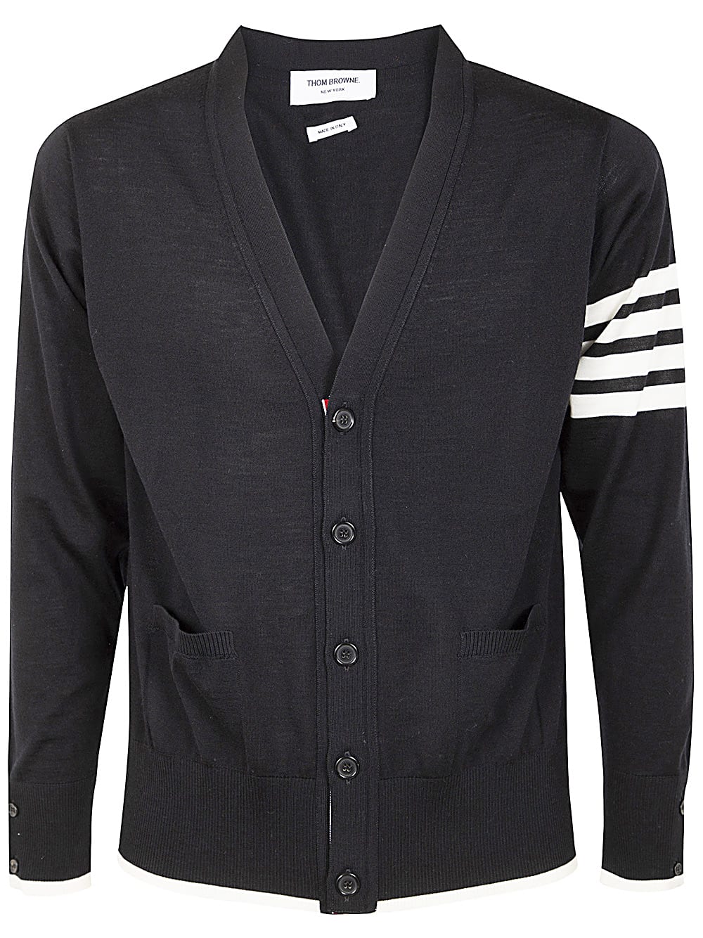 Shop Thom Browne Jersey Stitch Relaxed Fit V Neck Cardigan In Fine Merino Wool With 4 Bar Stripes In Black