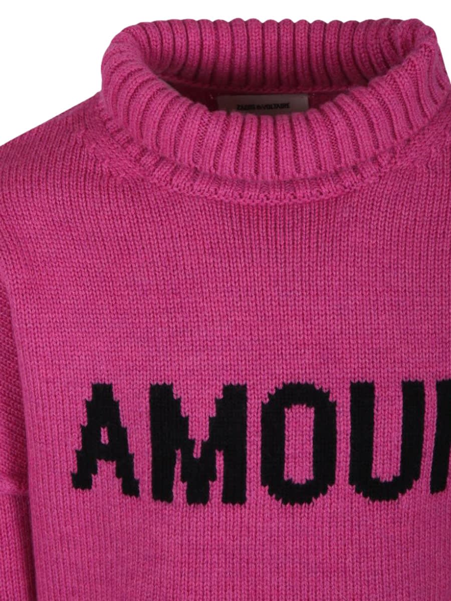 Zadig & Voltaire Fuchsia Turtleneck For Girl With Writing In Pink
