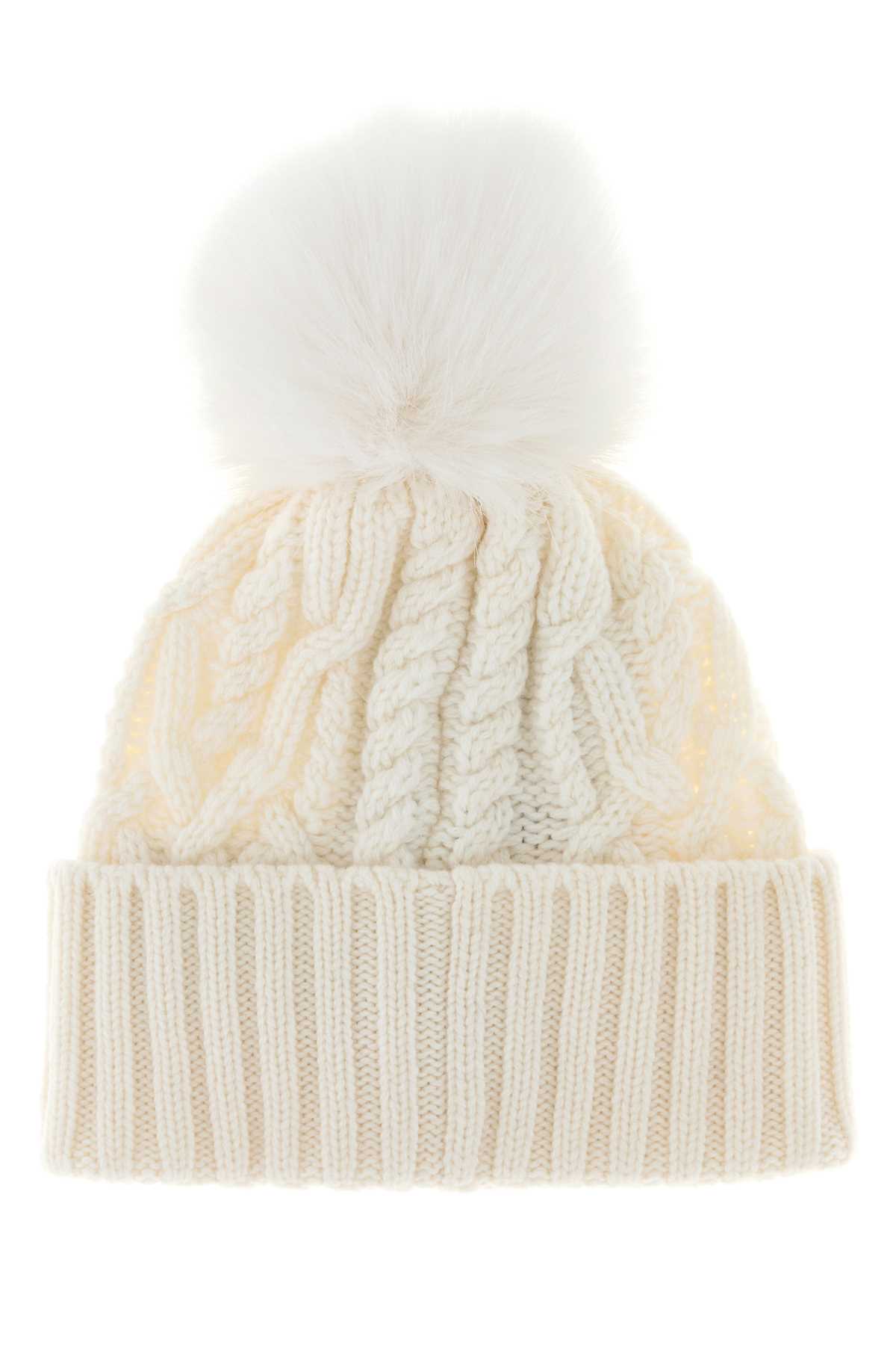 Moncler Cozy Wool Blend Beanie With Pom Detail In Neutral