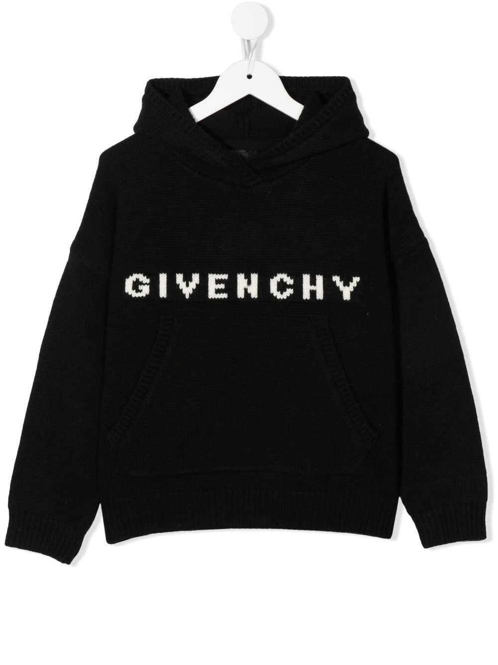 Kids Givenchy 4g Pullover With Hood In Black Wool And Cashmere