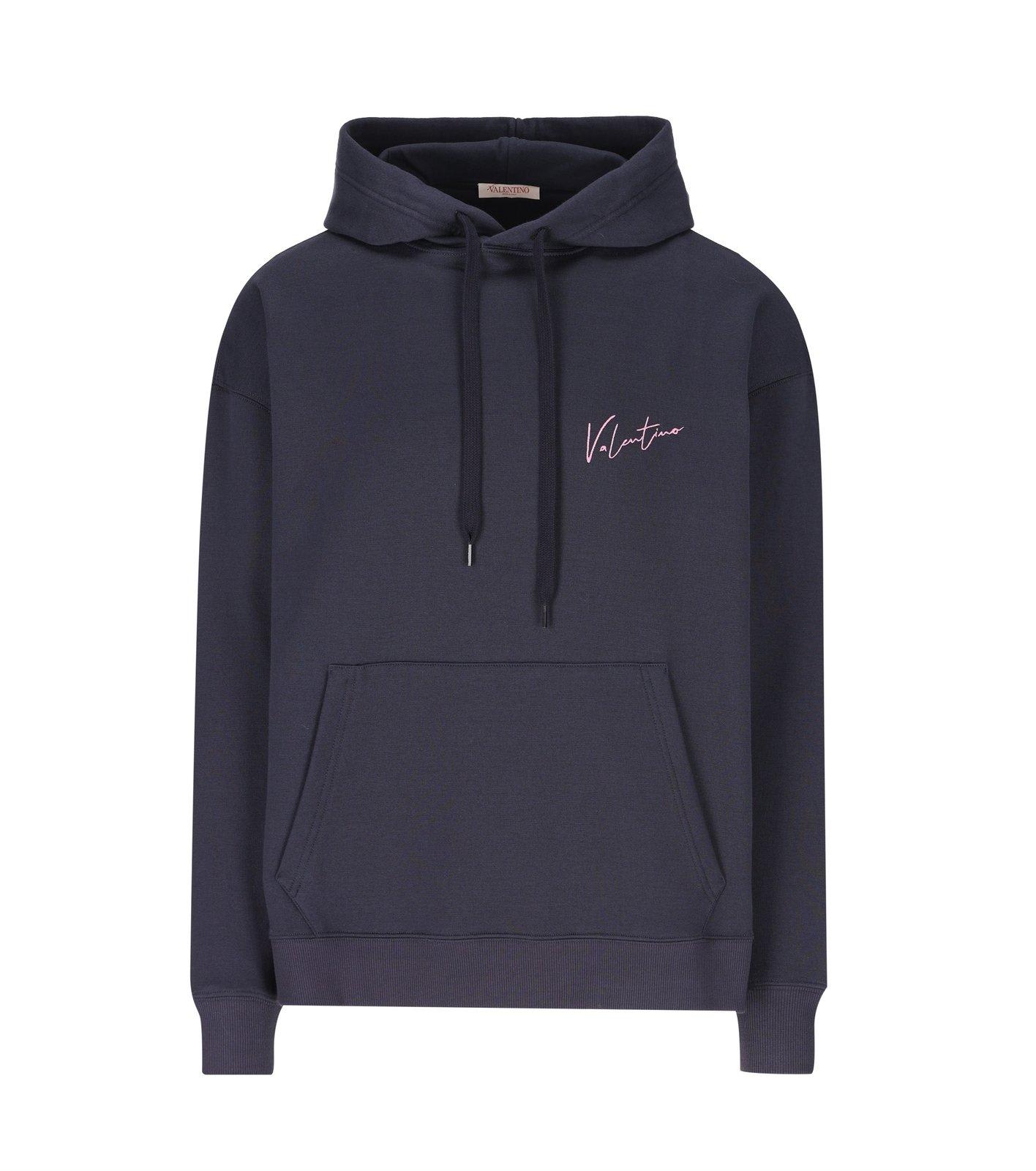 Shop Valentino Logo Printed Drawstring Hoodie In Blue