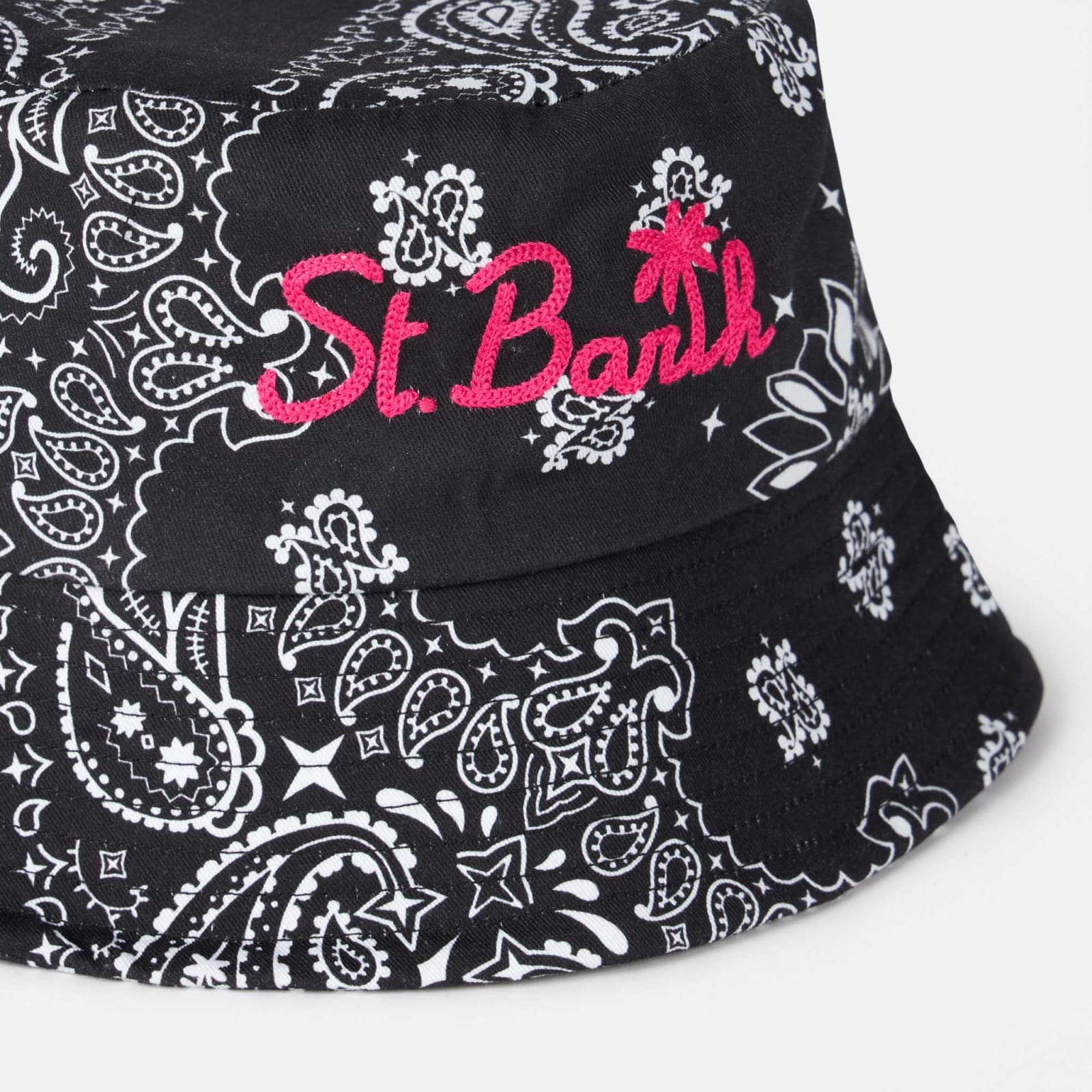 Shop Mc2 Saint Barth Cotton Bucket Hat With Front Embroidery And Bandanna Pattern In Black