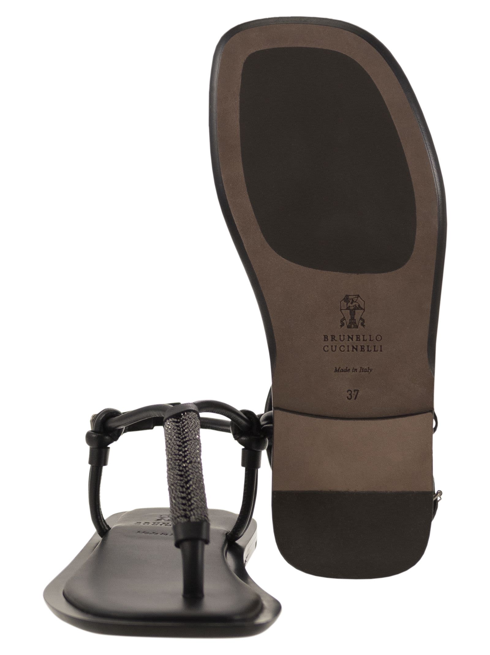 Shop Brunello Cucinelli Leather Sandals With Precious Braided Straps In Black