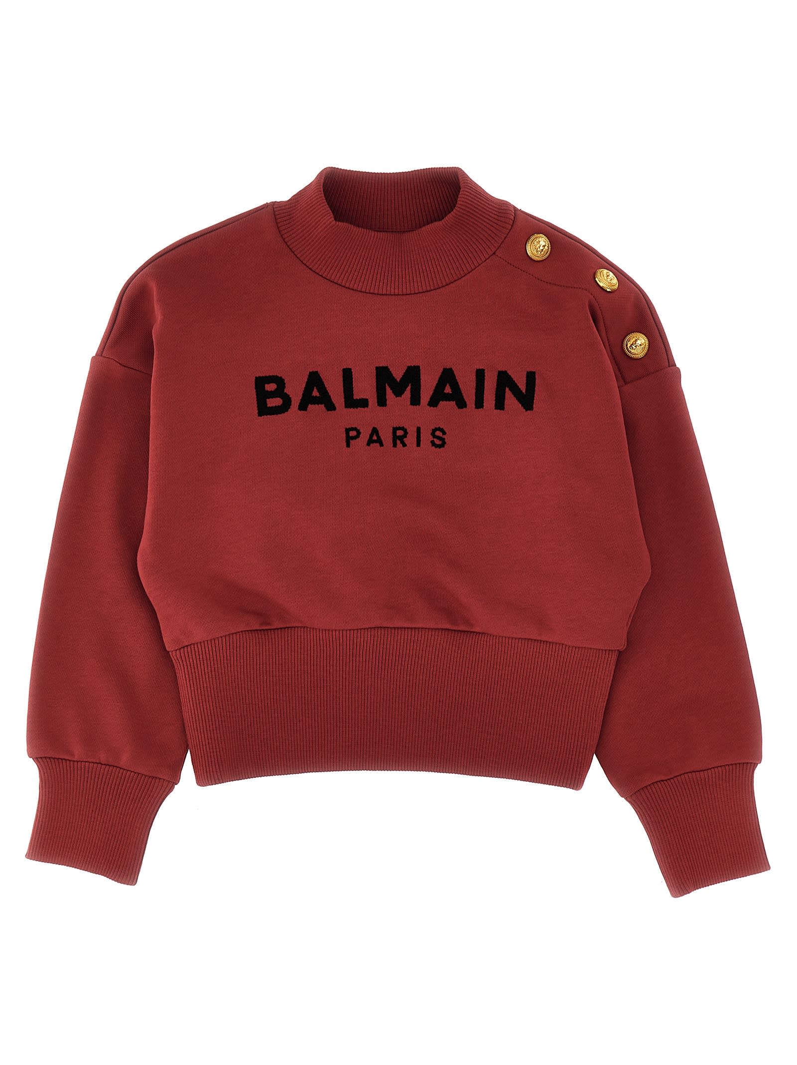 Balmain Logo Print Cotton Sweatshirt In Bordeaux