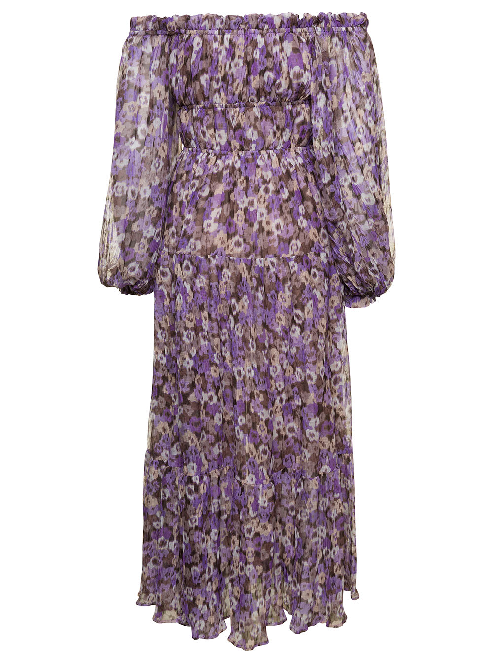 Shop Sabina Musayev Mary Purple Off-the-shoulders Long Dress With Floreal Print Woman In Violet