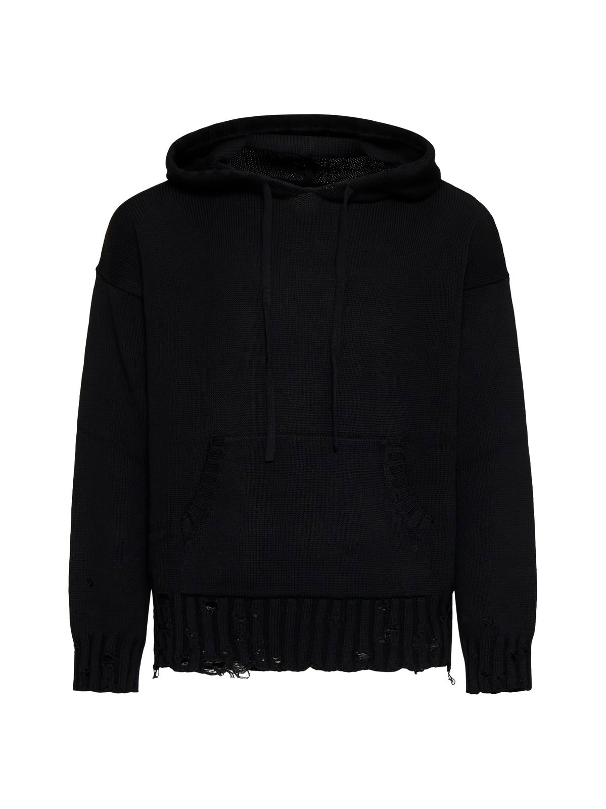 Shop Marni Drawstring Distressed Knitted Hoodie In Black