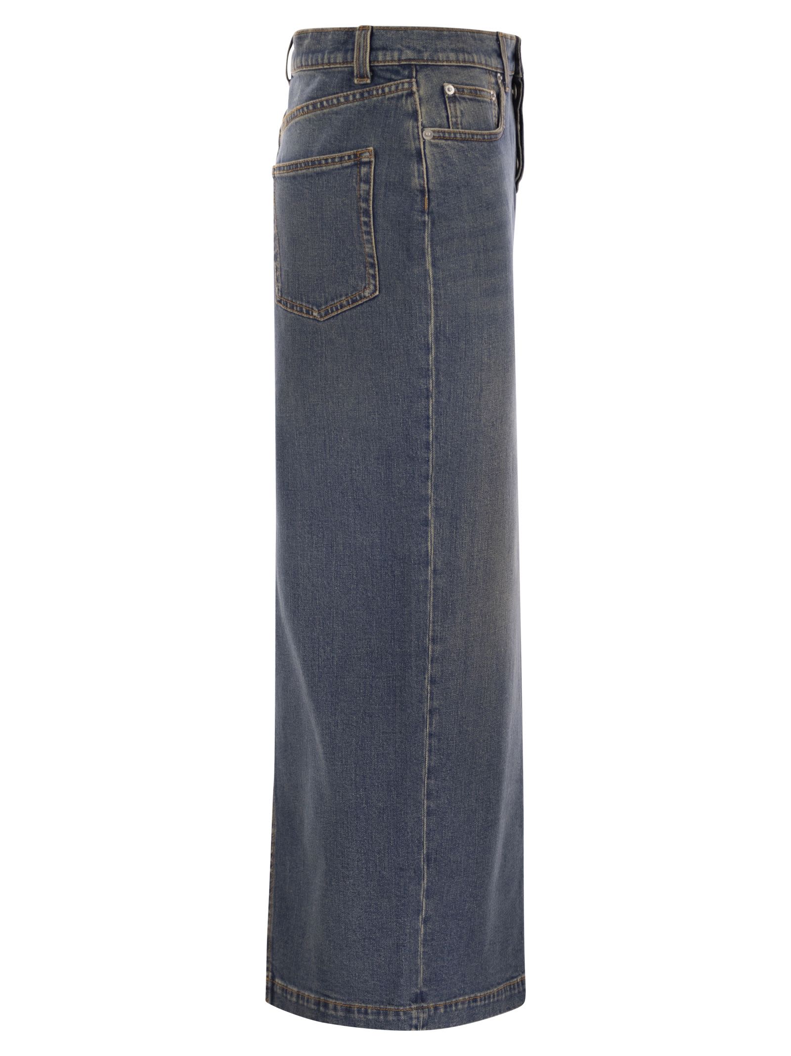 Fabiana Filippi Long Denim Skirt With Back Slit In Blue