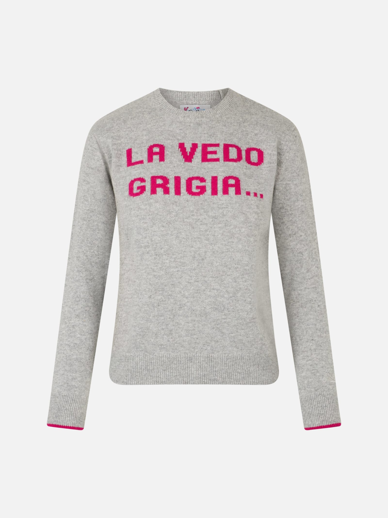 Shop Mc2 Saint Barth Woman Crewneck Grey Sweater With La Vedo Grigia... Print