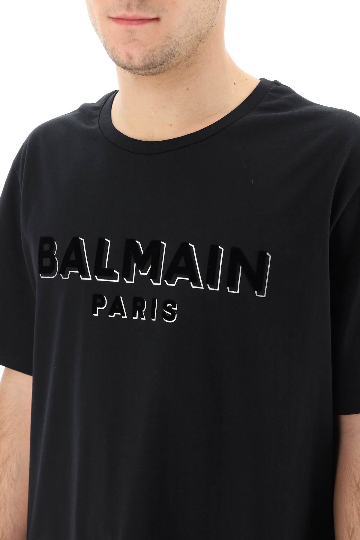 Shop Balmain Flock & Foil Logo T-shirt In Nero/argento