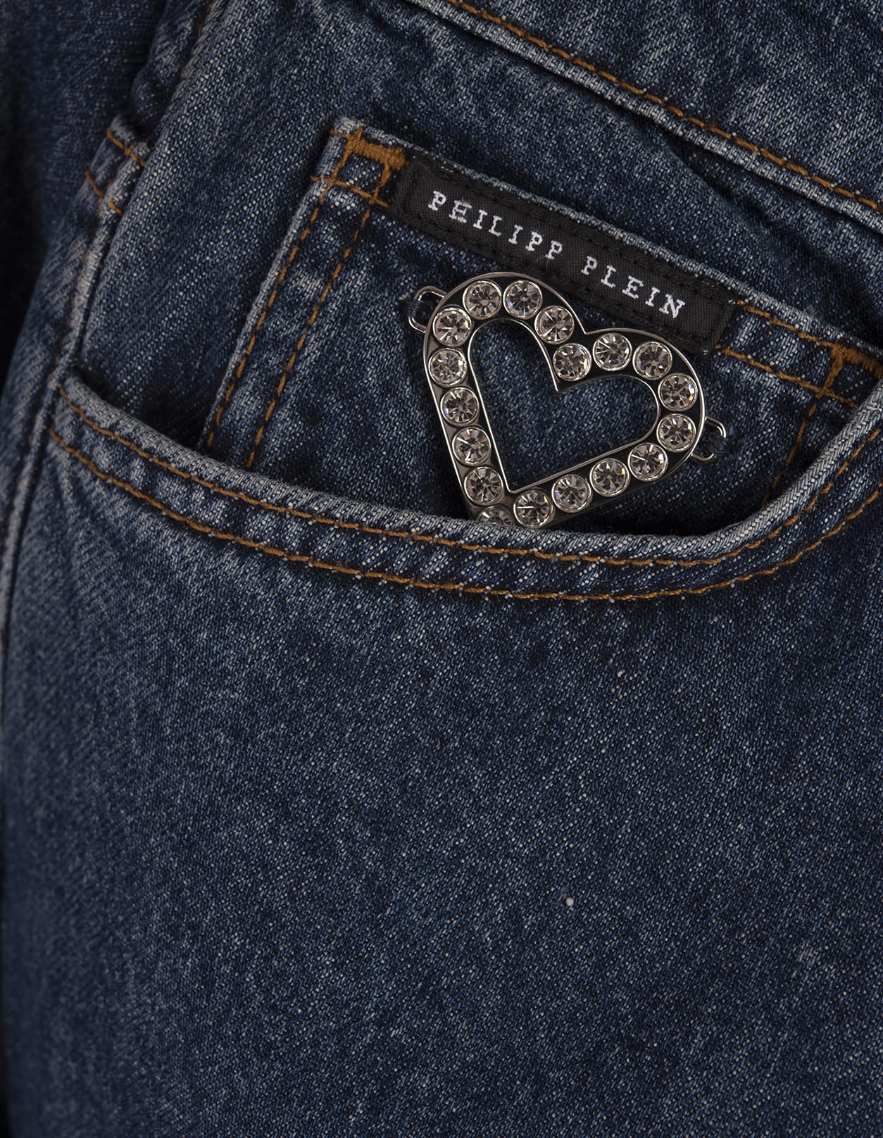 Shop Philipp Plein Crystal Heart Denim Mom Fit Trousers In Deep Sea Blue