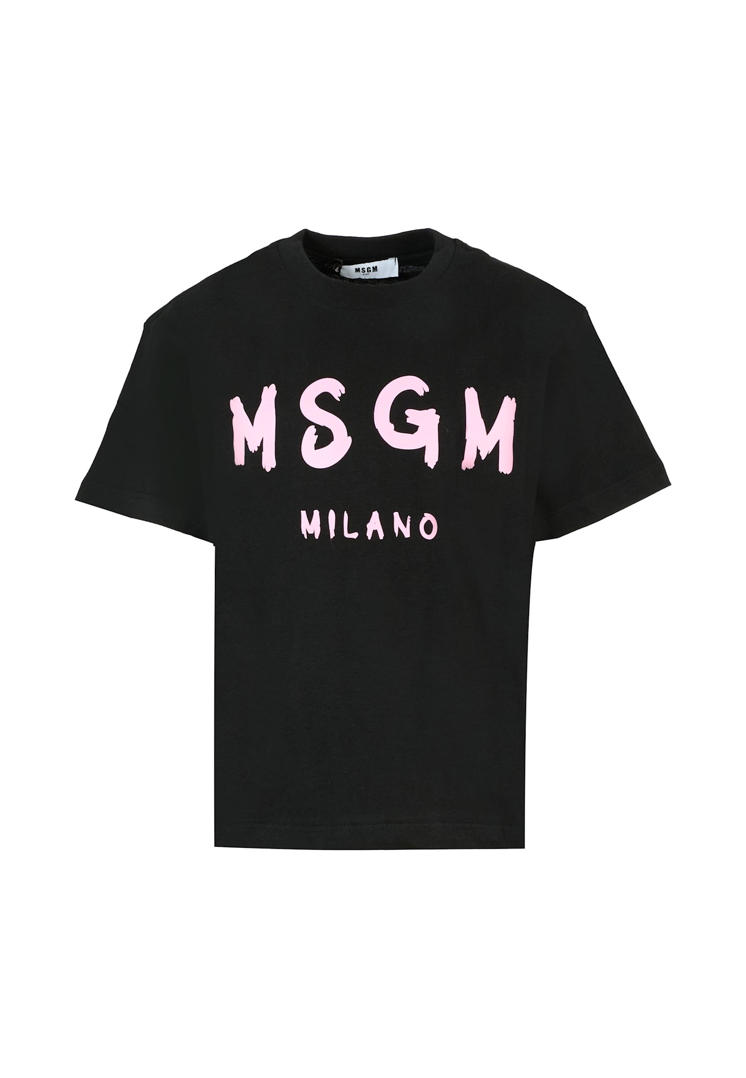 Msgm Black T-shirt For Girl With Pink Logo In Black