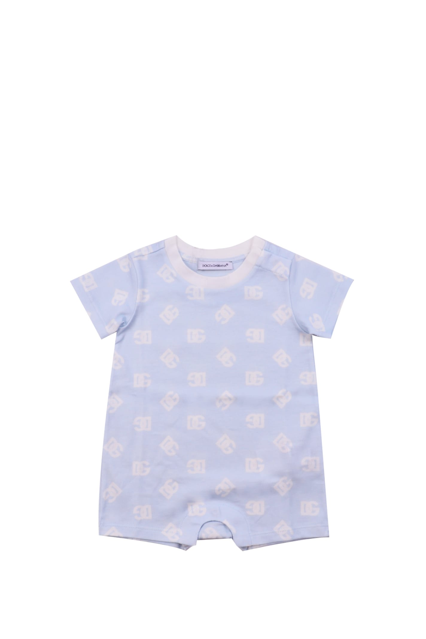 Dolce & Gabbana Babies' Logo Print Cotton Romper In Light Blue