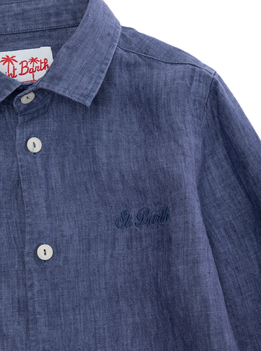 Mc2 Saint Barth Agnes Blue Shirt With Classic Collar And Logo Lettering Embroidery On The Front In Linen Woman In Blue
