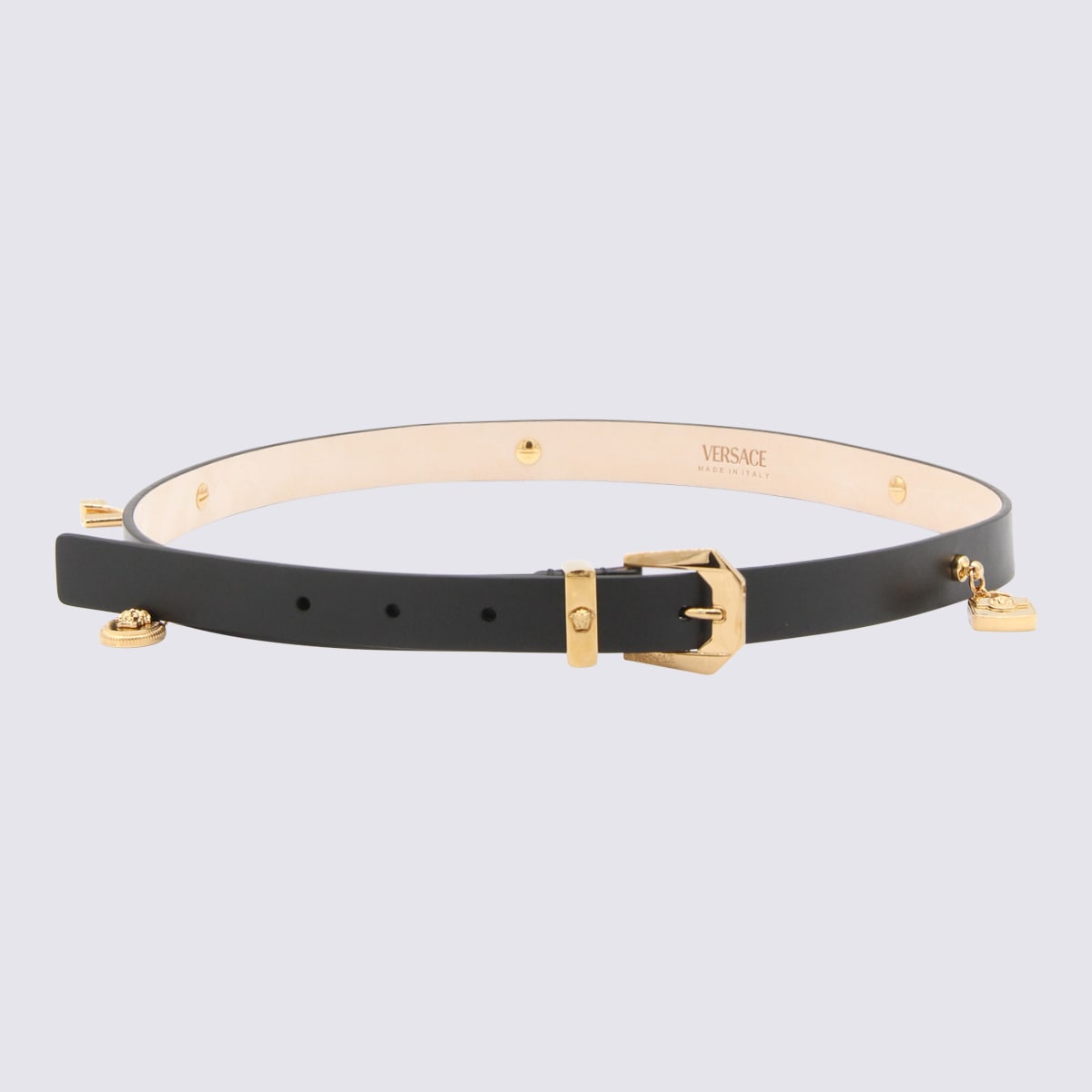 Shop Versace Black Leather And Gold Medusa Belt In Black/ Gold