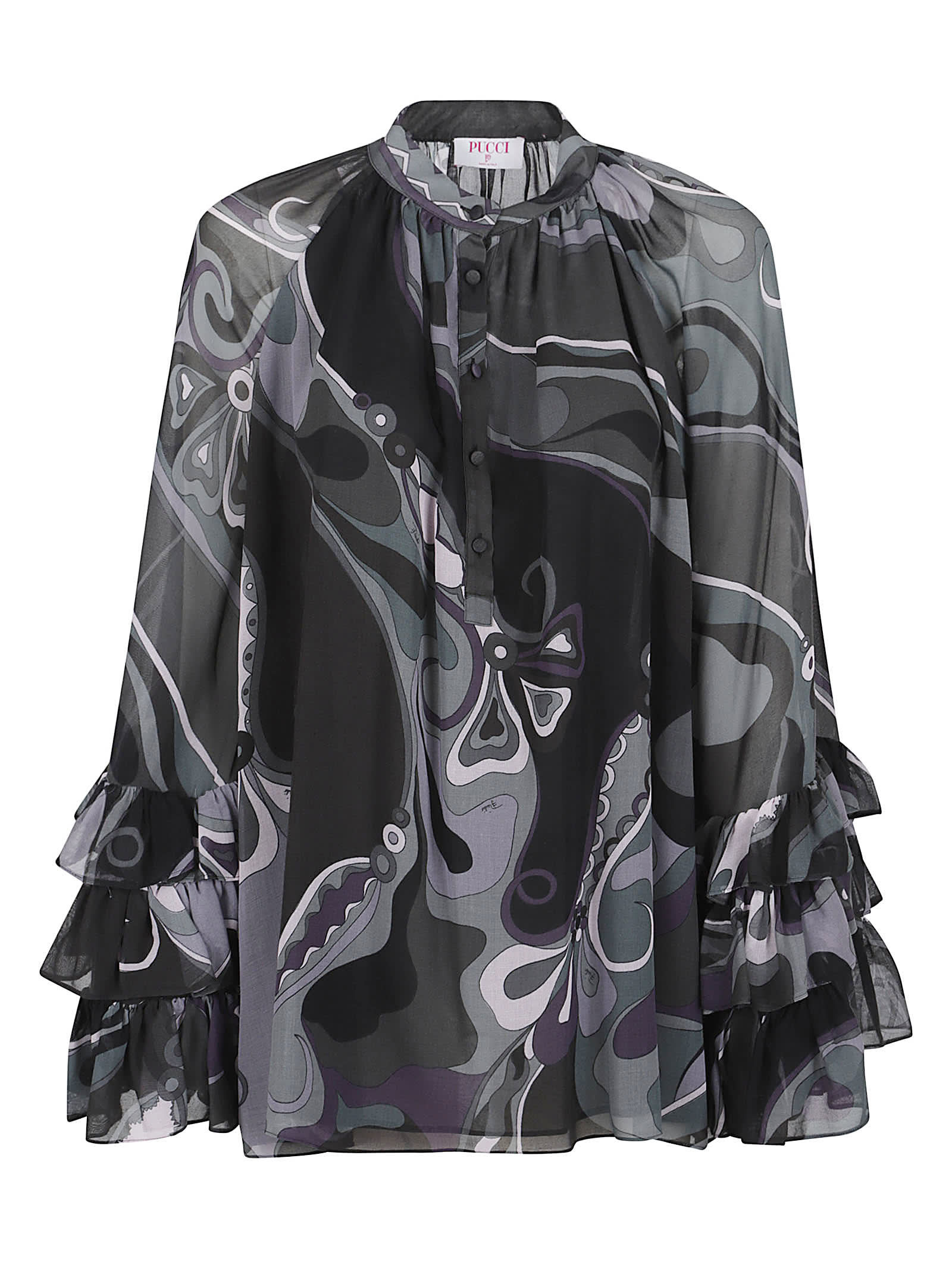 Pucci Sheer Blouse Ruffled Sleeves In Black