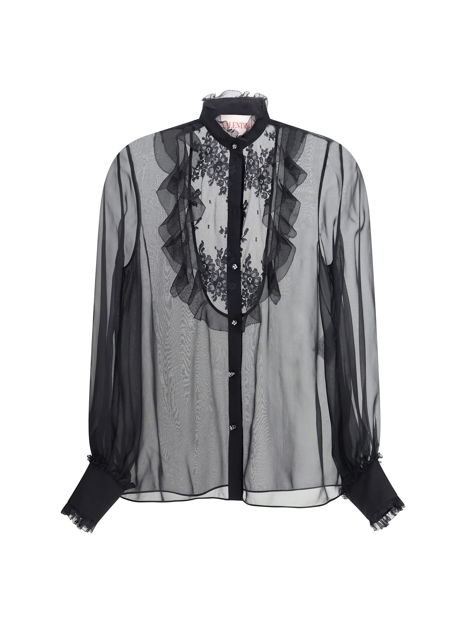Valentino Black Silk Georgette Shirt With Lace Insert