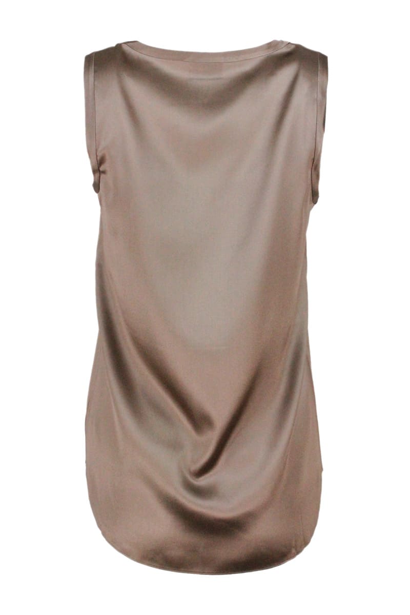 Shop Brunello Cucinelli Sleeveless Round Neck Top In Stretch Silk In Bronze