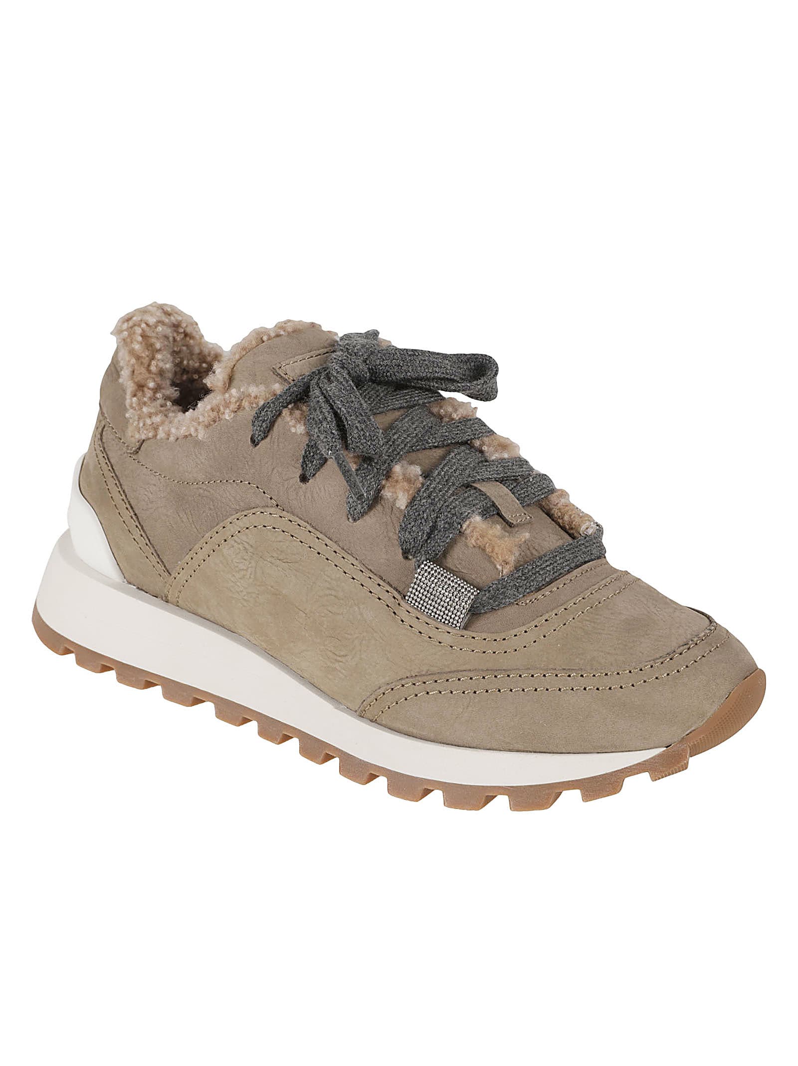 Brunello Cucinelli Fur Applique Embellished Sneakers In Mud