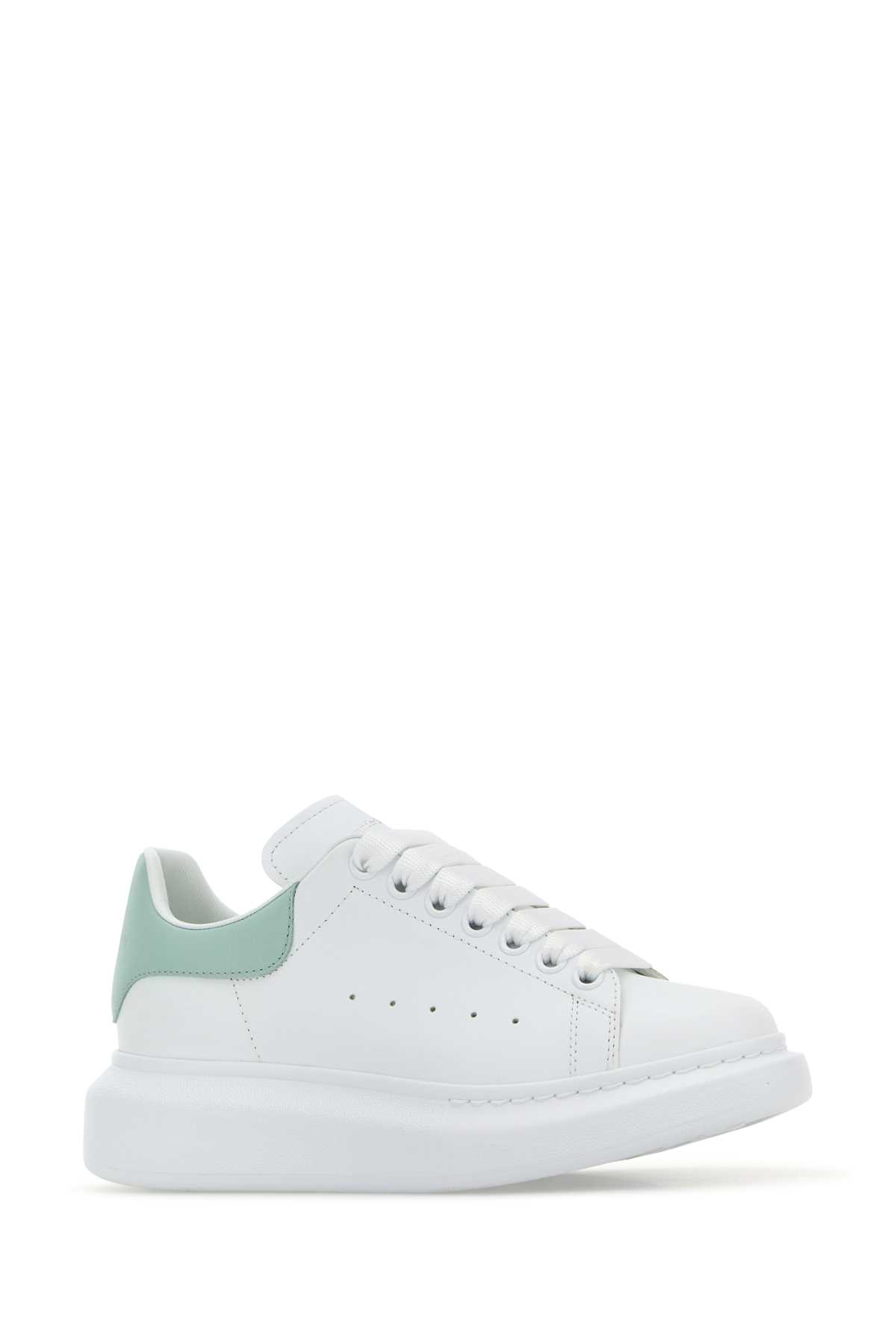 Alexander Mcqueen White Leather Sneakers With Sea Green Leather Heel In Animal Print