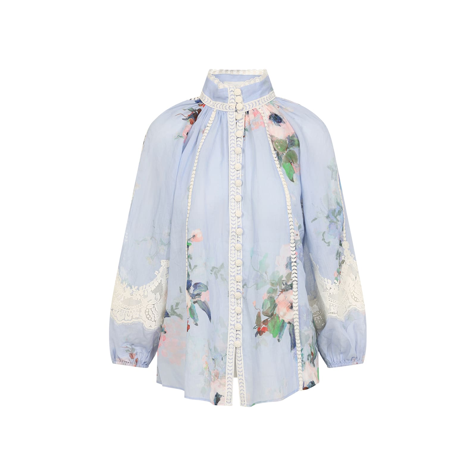 Zimmermann Everley Linen Blouse In Ltblwcfl Light Blue Watercolour Floral