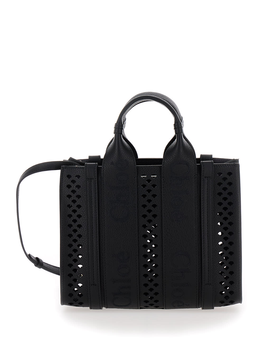 Shop Chloé Piccola Woody Black Tote Bag With Perforated Edges And Logo In Grained Leather Woman