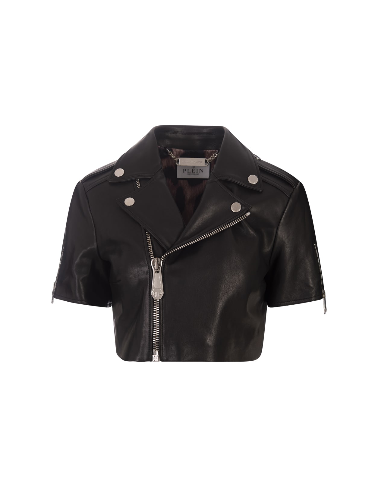 Shop Philipp Plein Black Leather Cropped Biker Short Sleeve Jacket