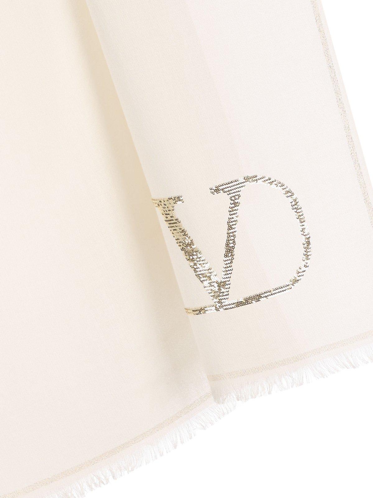VALENTINO LOGO EMBELLISHED FRINGED EDGE SCARF 