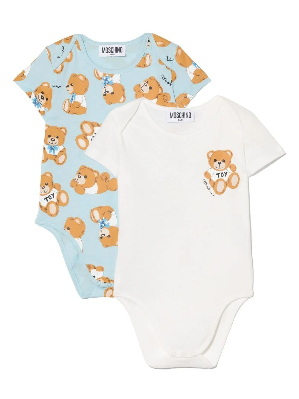 Moschino Set 2 Baby Bodysuits In White And Light Blue Cotton With Teddy Bear Print
