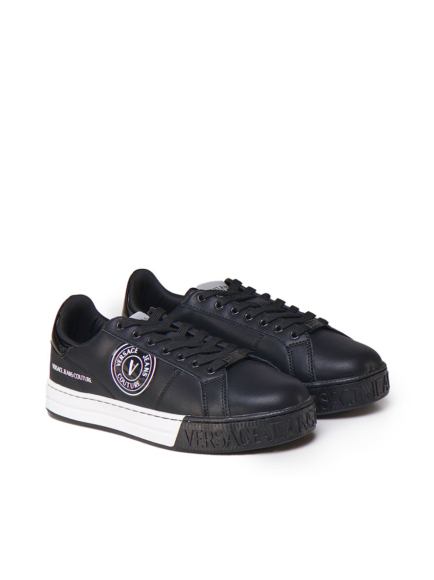 Shop Versace Jeans Couture Leather Sneakers With Contrasting Logo In Black