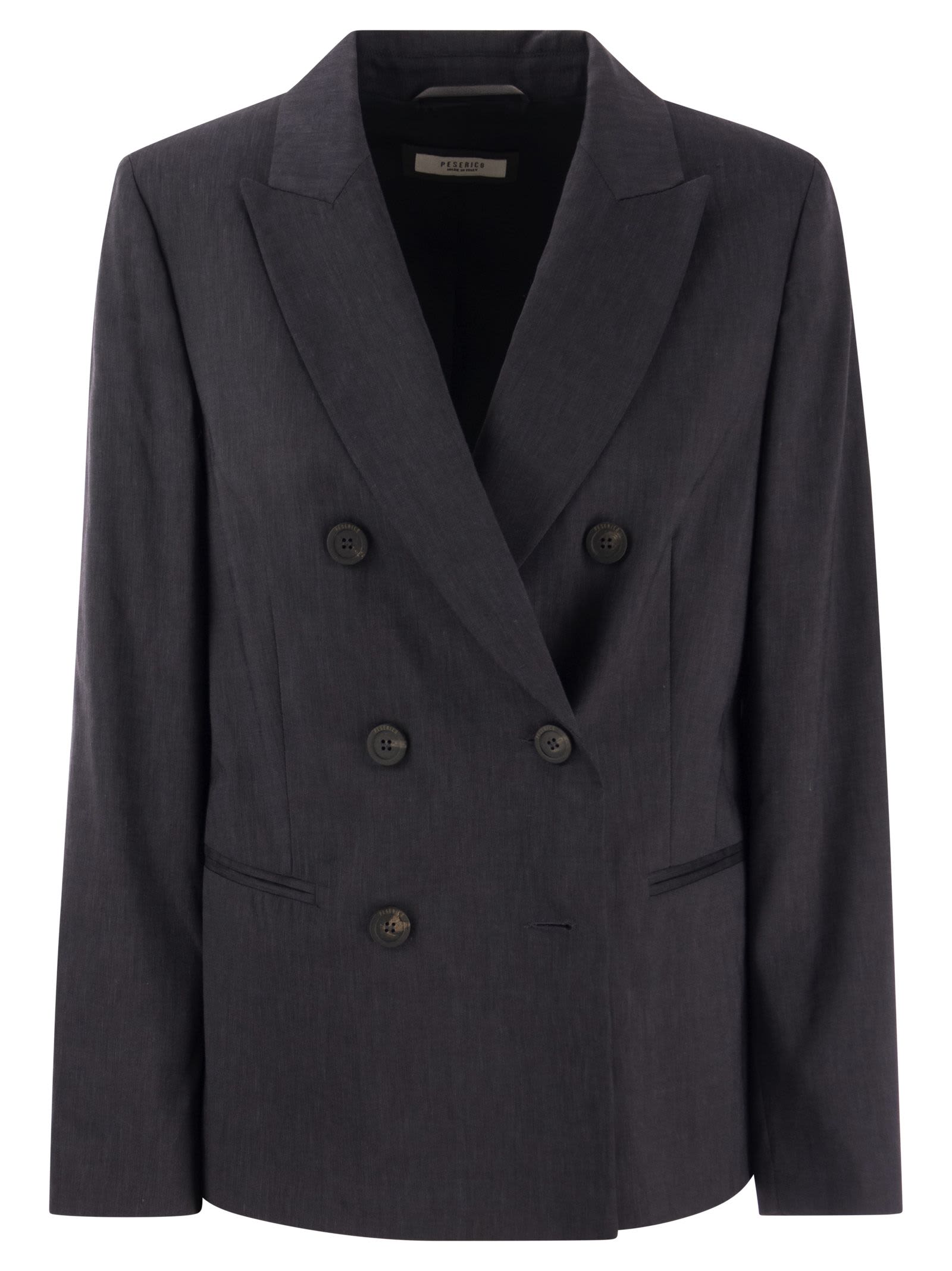 Shop Peserico Wool And Linen Canvas Double-breasted Blazer In Dark Blue