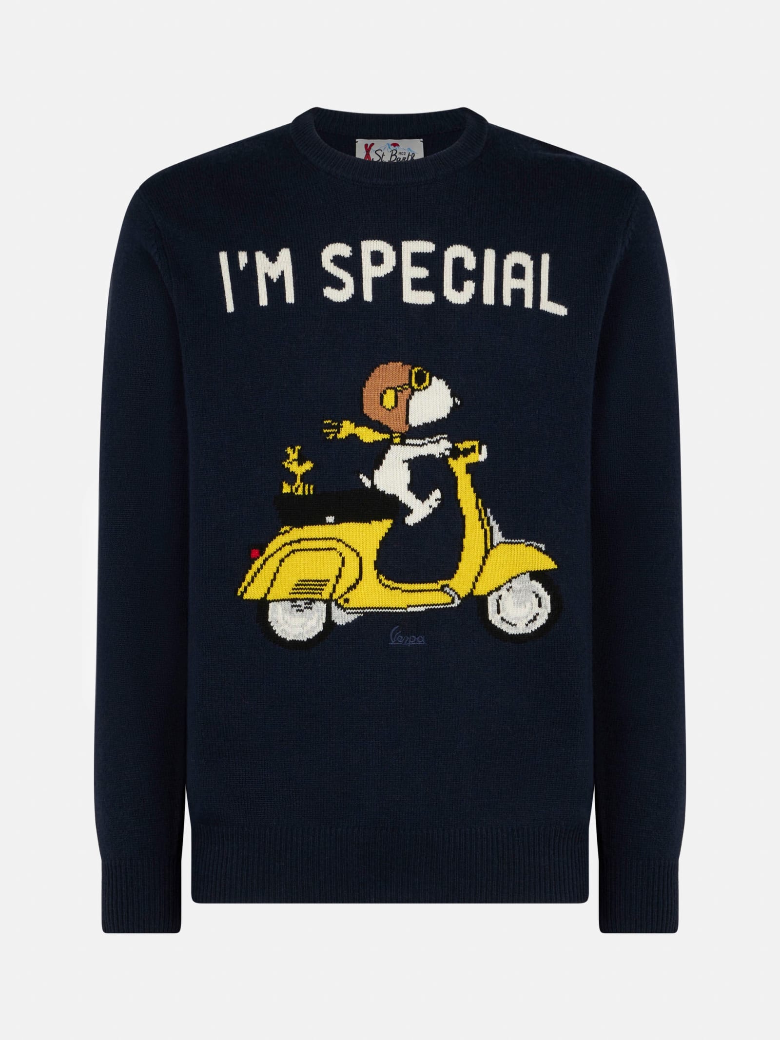 Shop Mc2 Saint Barth Man Crewneck Sweater With Snoopy Scooter Jacquard Print Snoopy - ©peanuts Special Edition In Blue