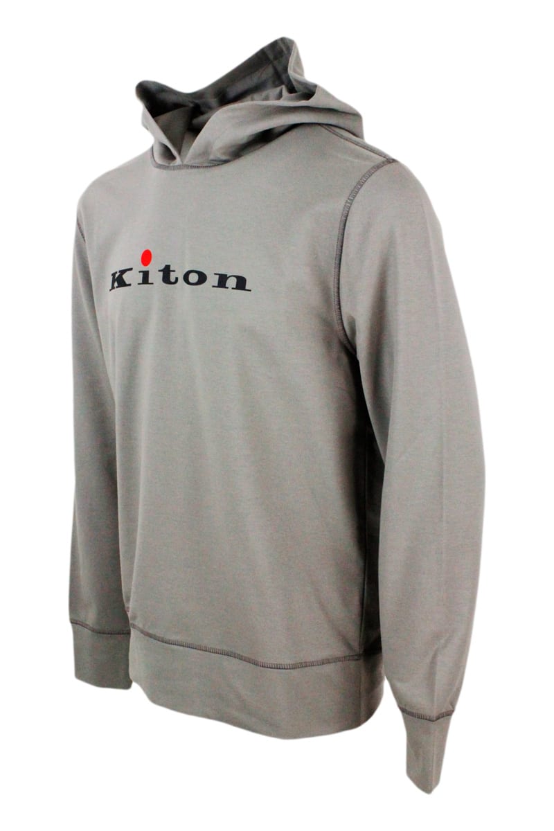 Shop Kiton Hooded Sweatshirt In Soft And Fine Stretch Cotton With Long Sleeves In Beige - Dove