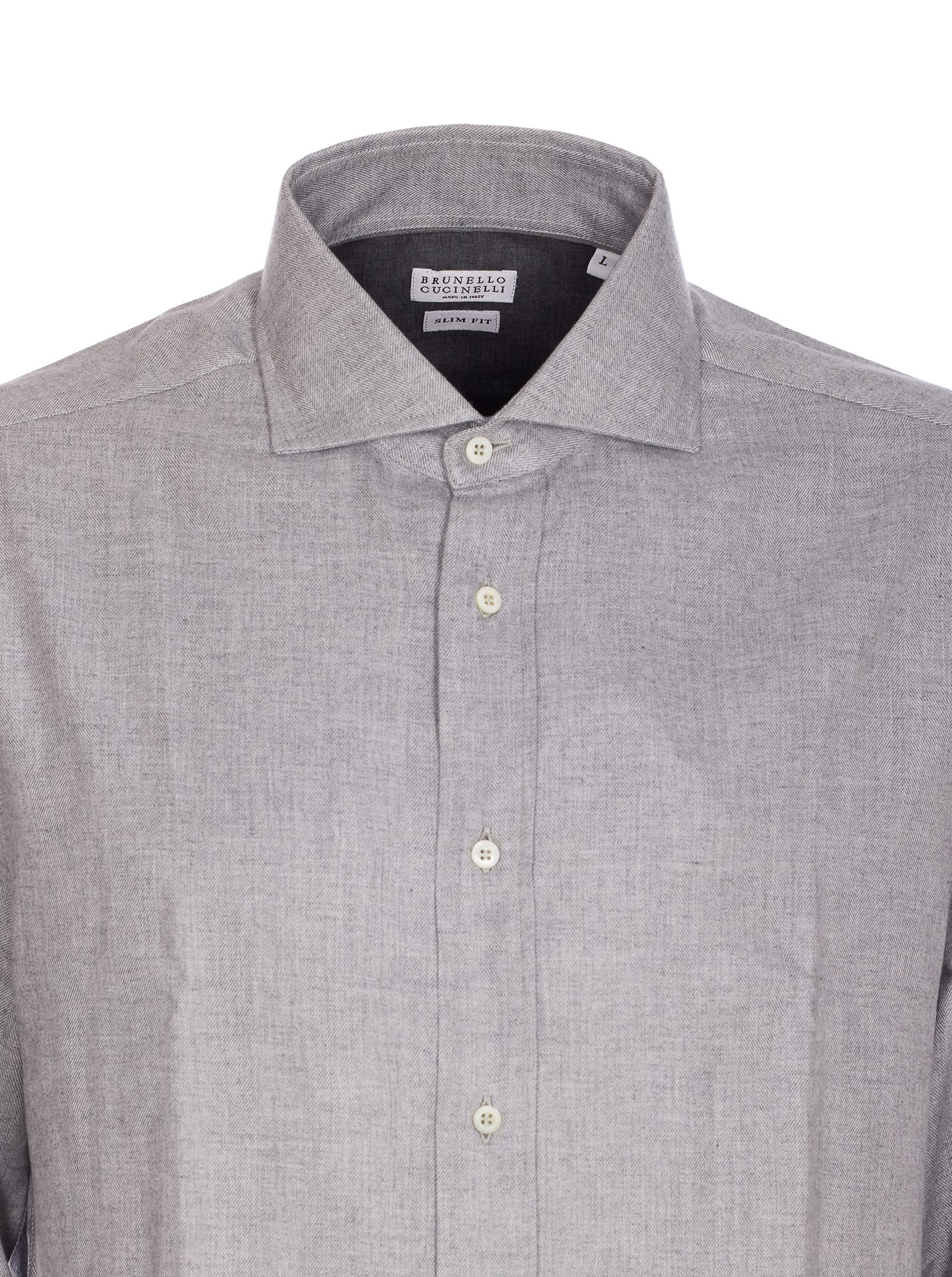 Brunello Cucinelli Chevron Motif Flannel Shirt With Button-down Collar In Gray