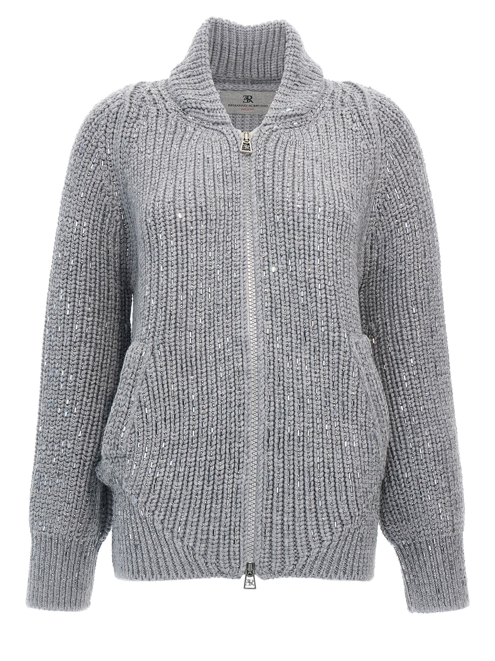 Shop Ermanno Scervino Rhinestone Cardigan In Gray