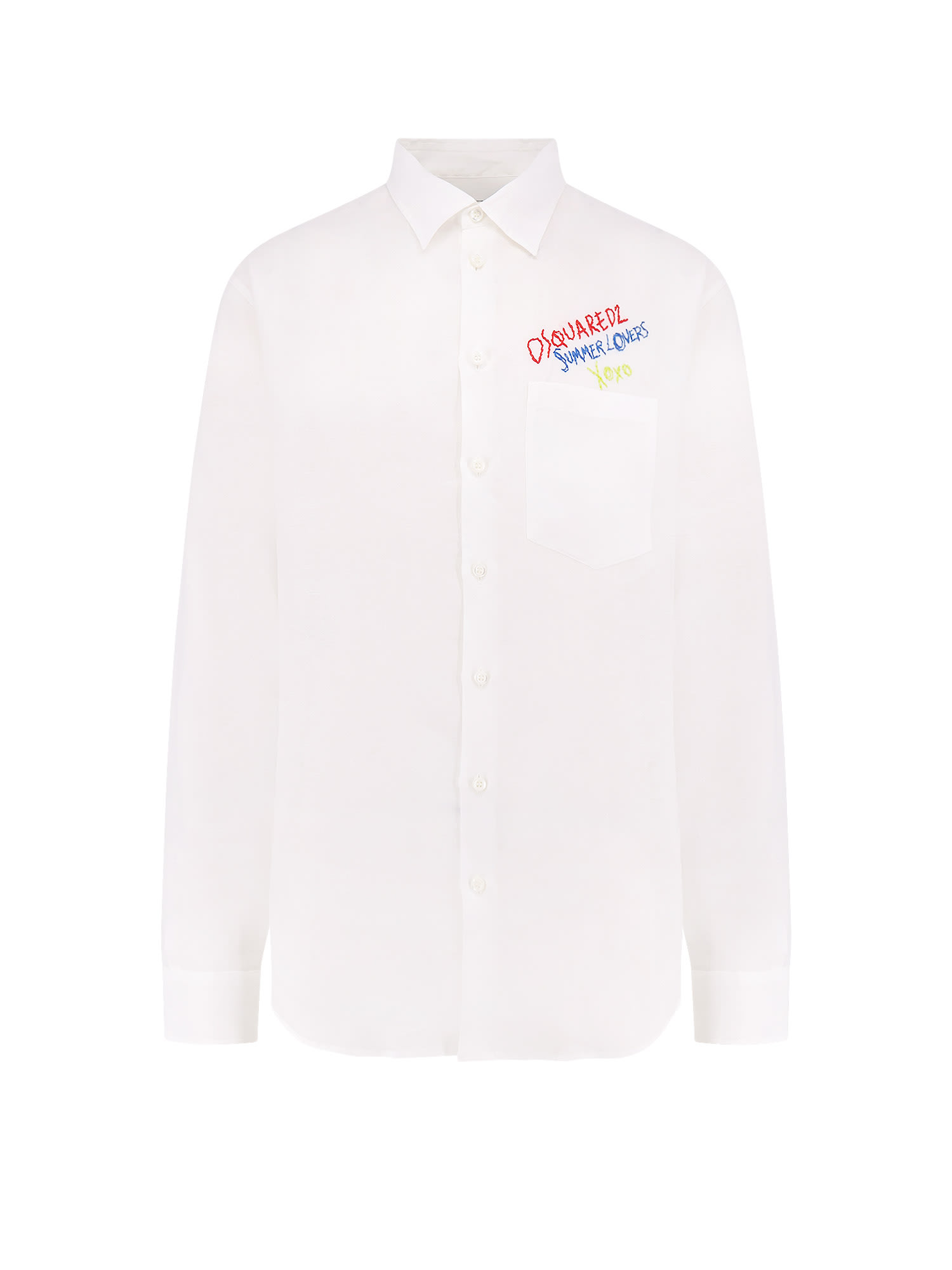 Dsquared2 White Shirt With Classic Collar And Embroidered Logo On The Front In Linen Man