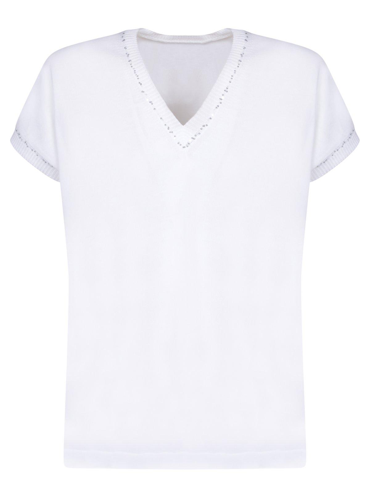 Shop Fabiana Filippi Sequin-detailed V-neck Knitted Top  In White